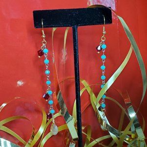 SEXY FALLISH RED, BROWN, TURQUOISE BEADED CHAIN EARRINGS.